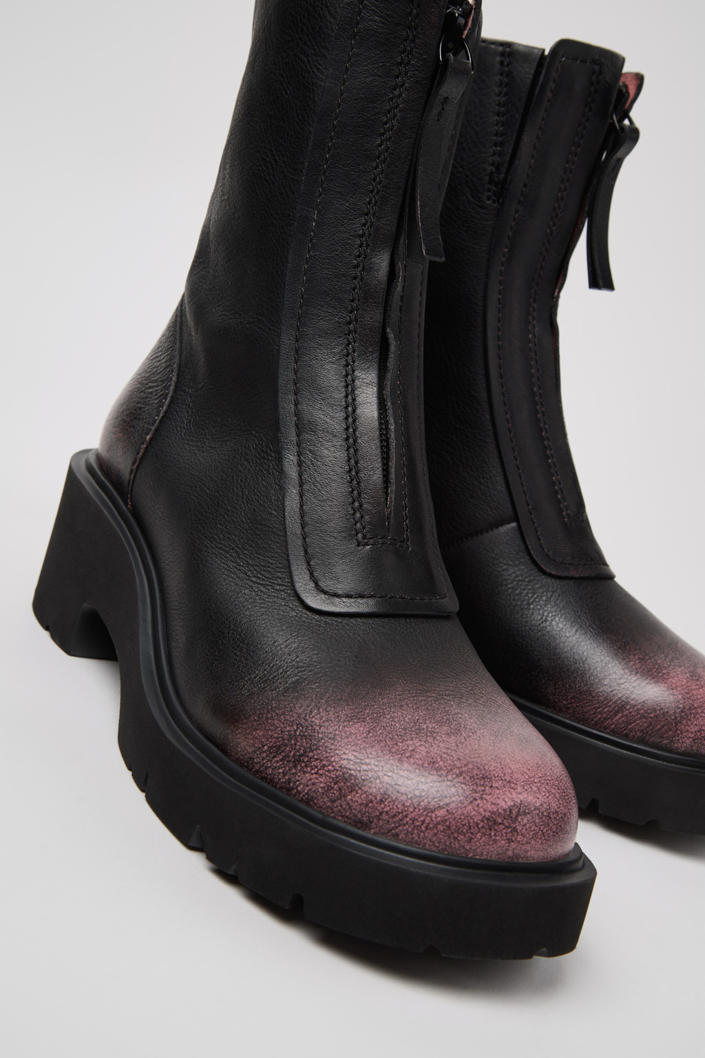 Milah Black and Pink Leather Mid Boots for Women.